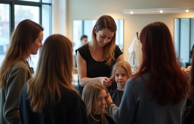 Stylist demonstrating a hair cutting technique to attentive students in a bright, modern salon training room.
