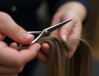 Close-up of a hair stylist using scissors with precision during an advanced cutting training session.