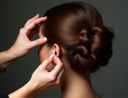 A stylist meticulously arranging hair to create an elegant updo for a special occasion.