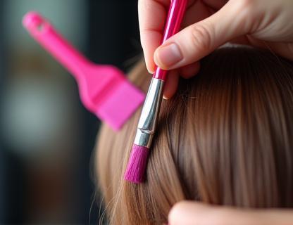 A stylist expertly applying hair color with a brush to a client's hair section in a bright salon setting.