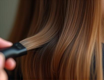 Hair treatment product being carefully applied section by section to hair using a brush in a salon.