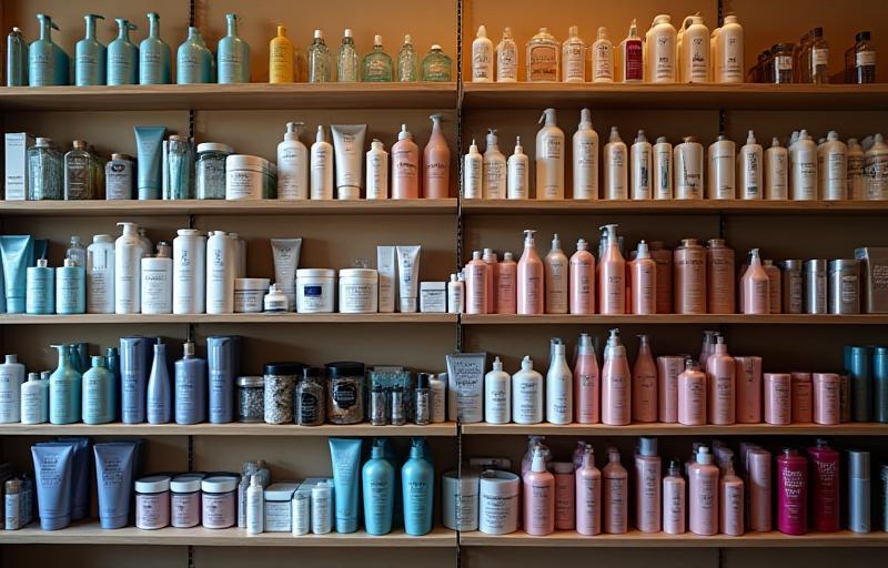 Shelves displaying a wide range of professional hair care and styling products used and available for retail at Al Amal Hair Salon, highlighting the quality materials students will work with.
