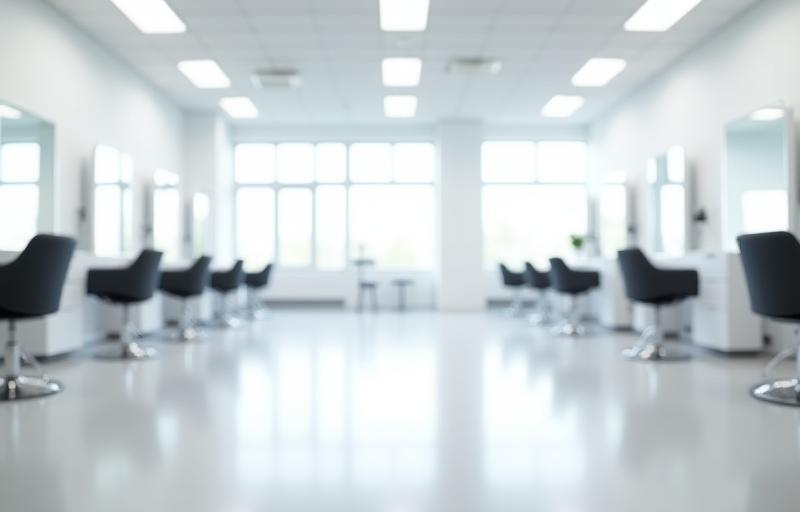 A spacious and brightly lit training room within Al Amal Hair Salon, showing multiple student workstations equipped with mirrors and chairs.