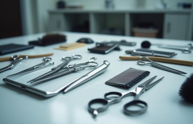 Close-up view of a clean and organized training station, featuring professional hairdressing tools neatly arranged, ready for a practical session.